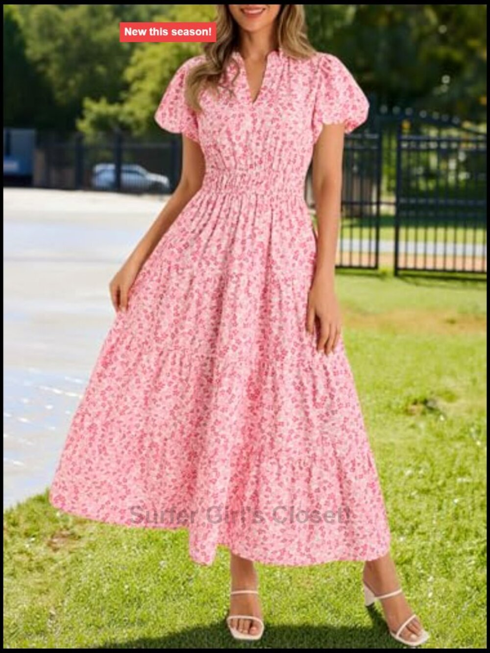 Women's V-Neck Floral Maxi Dress Short Puff Sleeve Smocked Boho Beach Dress - Picture 2 of 7